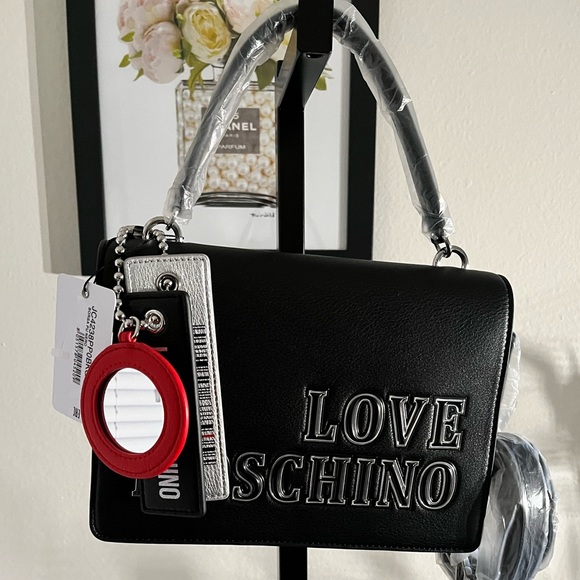 LOVE MOSCHINO NWT AUTHENTIC LOGO-CHARM BLACK FAUX LEATHER SATCHEL BAG - Picture 9 of 17